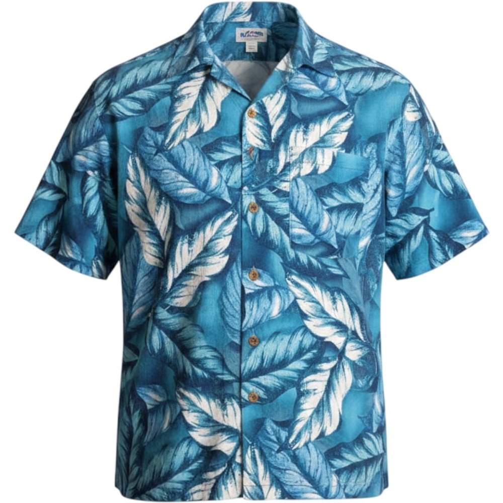 Ron Chereskin Mens Hawaiian Shirt M Blue Tropical Print Rayon Aloha Button Down